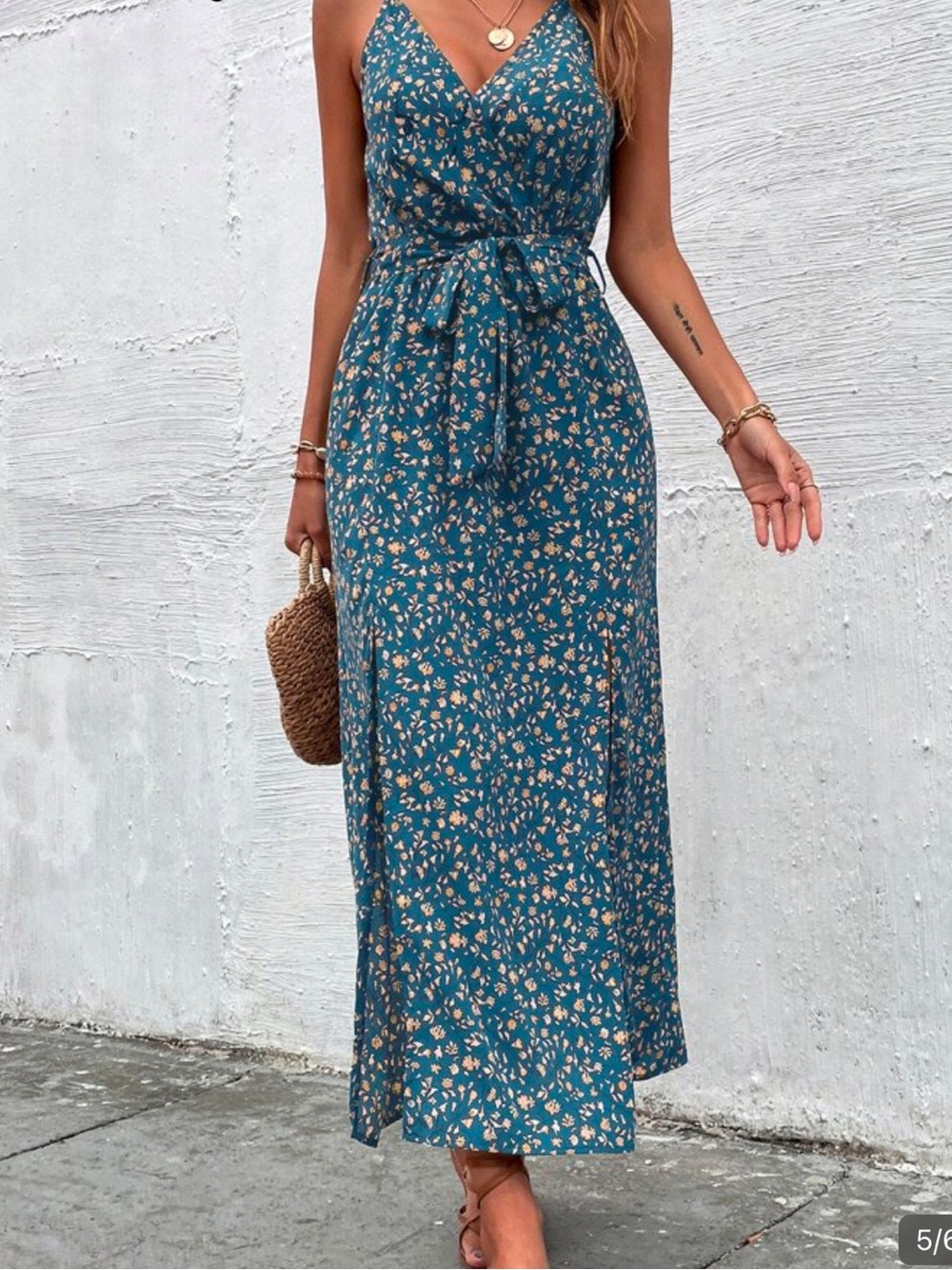 Floral Print High Slit Cami Maxi Dress | Teal & Yellow